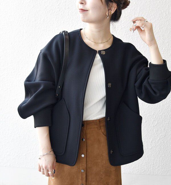 SHIPS any「SHIPS any:〈洗濯機可能〉ダンボール ノーカラー コンパクト ブルゾン」|ブルゾン・スタジャン|ブラック