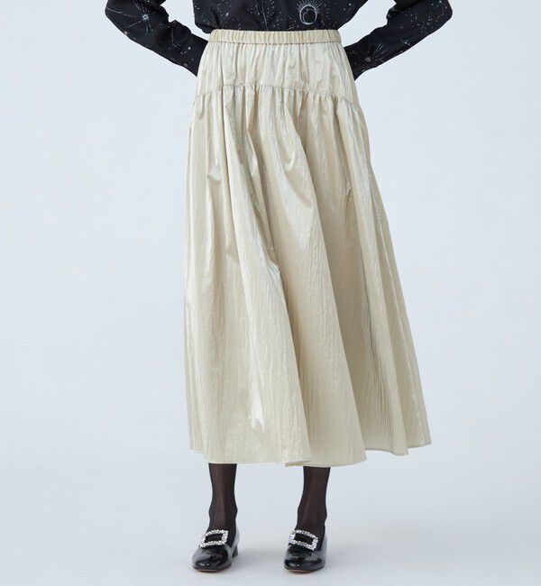 Ballsey「シャイニーコーティング ギャザーヨークロングスカート」|フレア|