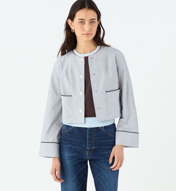 MACPHEE「コットンコード クルーネックジャケット」|ノーカラージャケット|