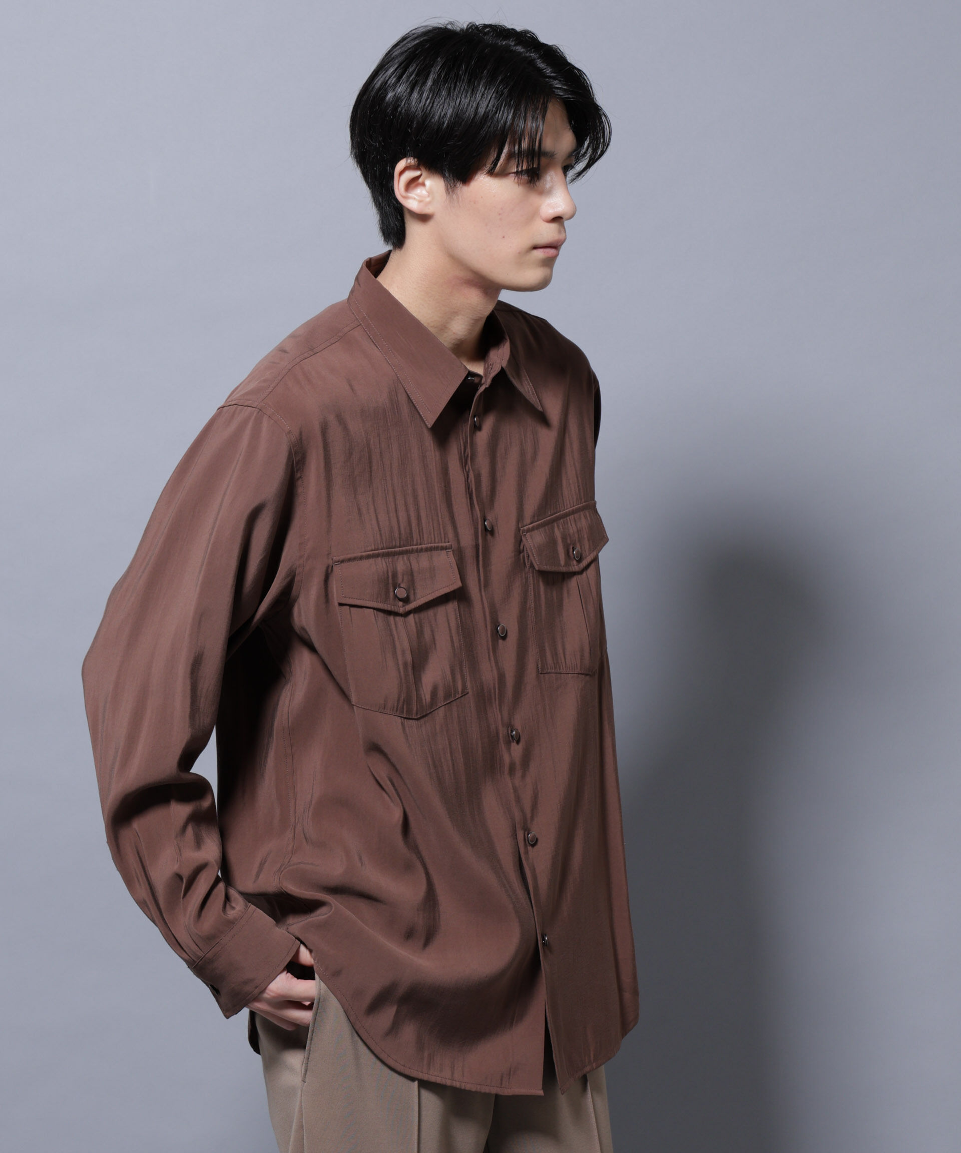 nano･universe「ヴィンテージライクレーヨンフィブリルシャツ」|シャツ・ブラウス|ブラウン