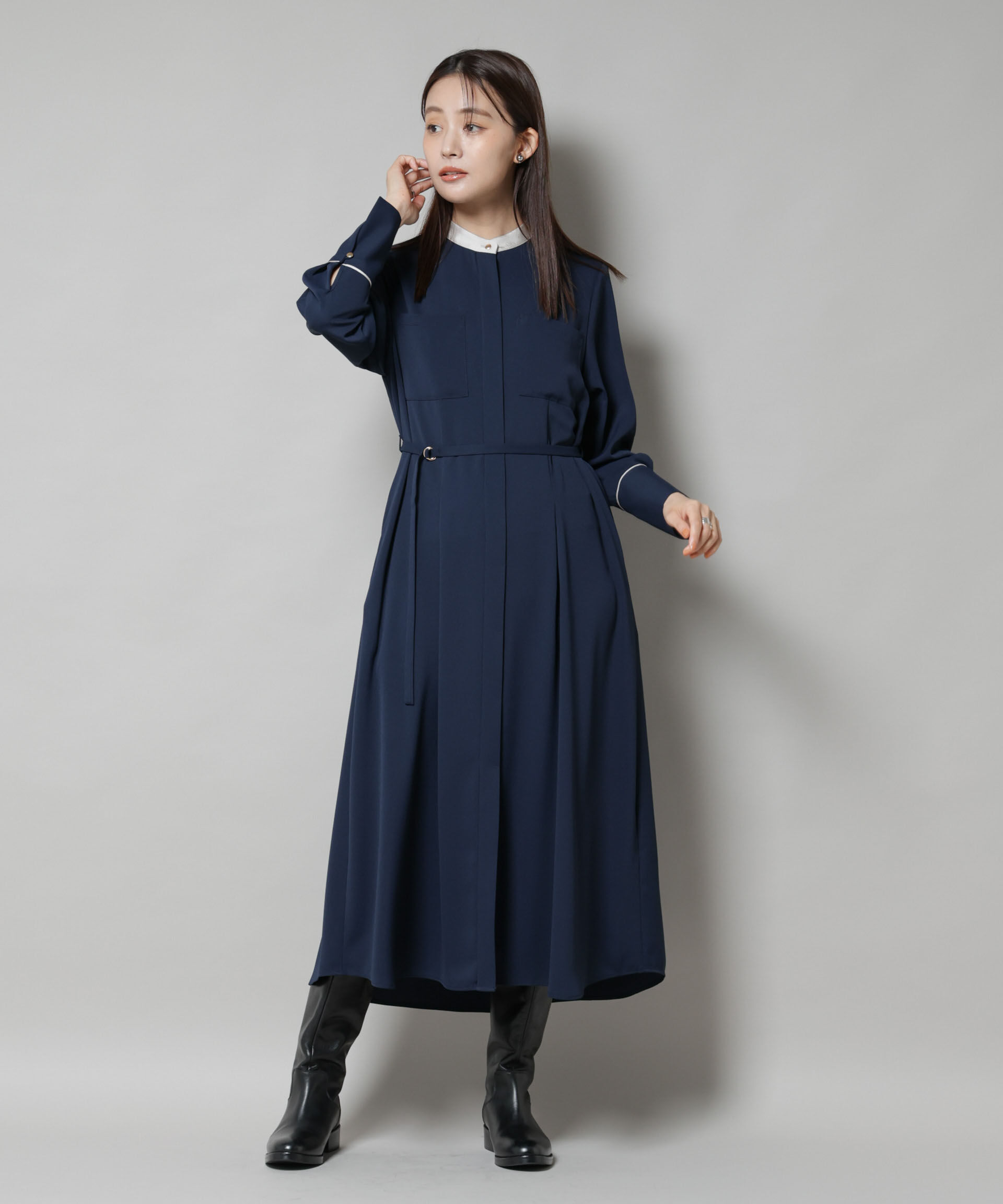 nano･universe「スタンドバイカラーベルト付きワンピース」|ワンピース|ネイビー