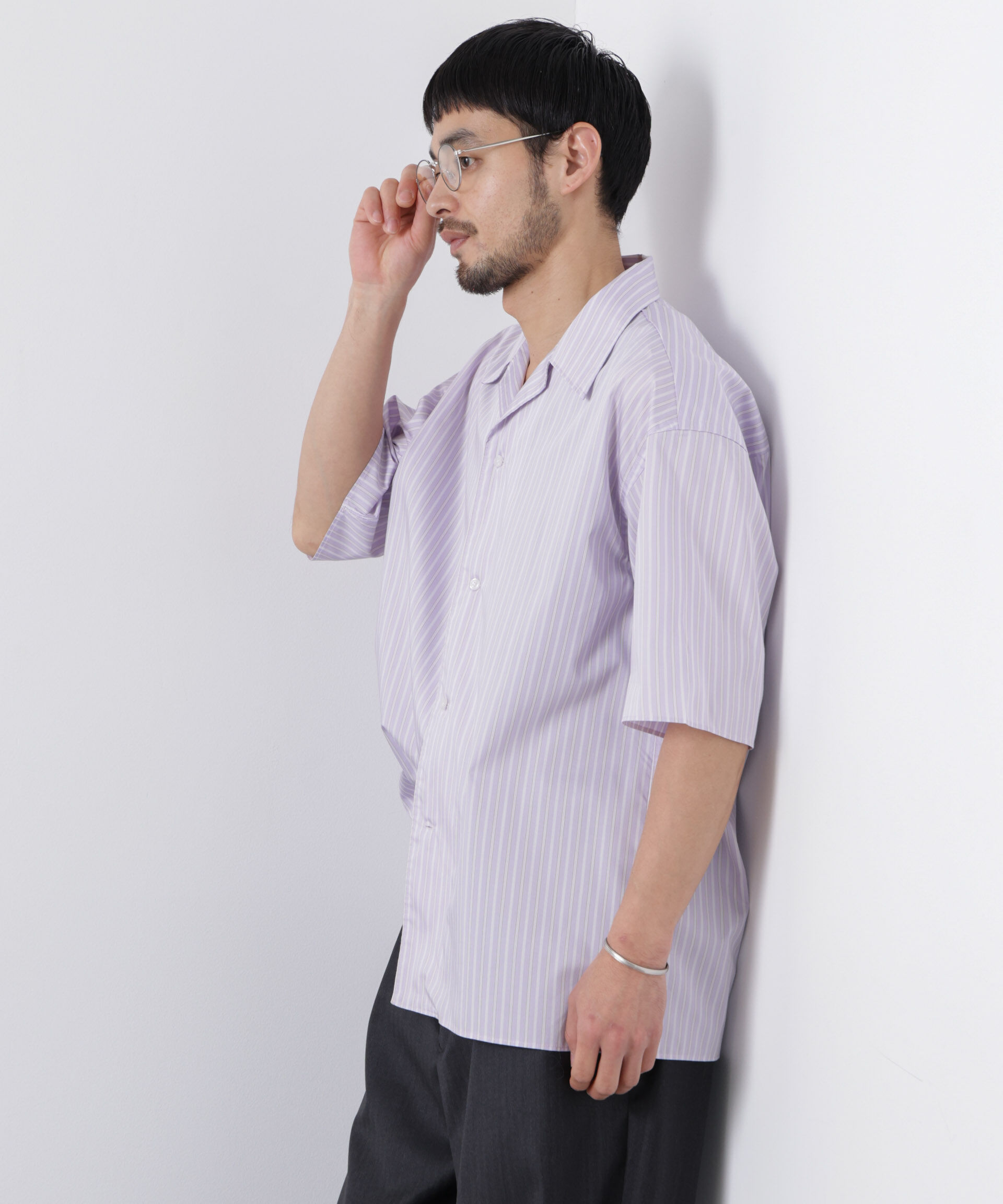 nano･universe「「OtoNANO」オープンカラーストライプ半袖シャツ」|シャツ・ブラウス|ラベンダー3