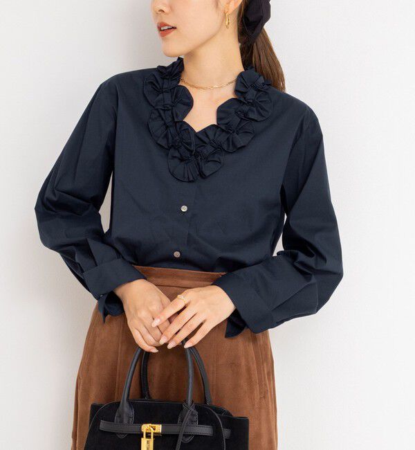 NOLLEY'S「Vネックタックギャザーパーツブラウス」|シャツ・ブラウス|ネイビー