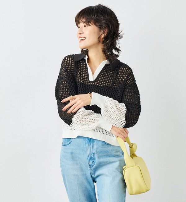 NOLLEY'S「《手洗い可能》テープメッシュ編ポロプルオーバー」|ニット・セーター|ブラック