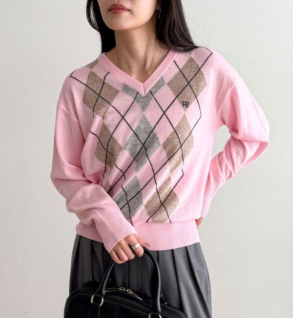 fredy emue「アーガイル柄インターシャVネックニット」|ニット・セーター|