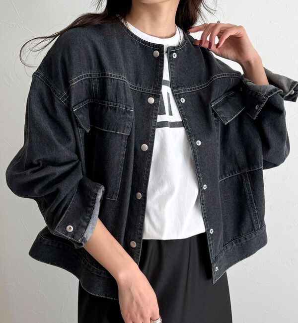 fredy emue「ニュアンスデニムノーカラージャケット」|ノーカラージャケット|ブラック