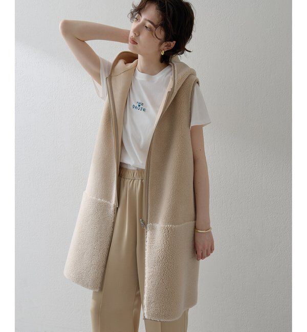 THE PAUSE「【THE PAUSE】ボアフードロングジレ」|ベスト・ジレ|ライトベージュ