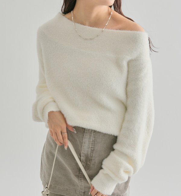  「ミンクライクワイドネックニット」|ニット・セーター|オフホワイト