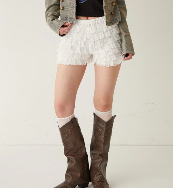  「レースショートパンツ(無地/ドット/チェック/レオパード)」|チノ|