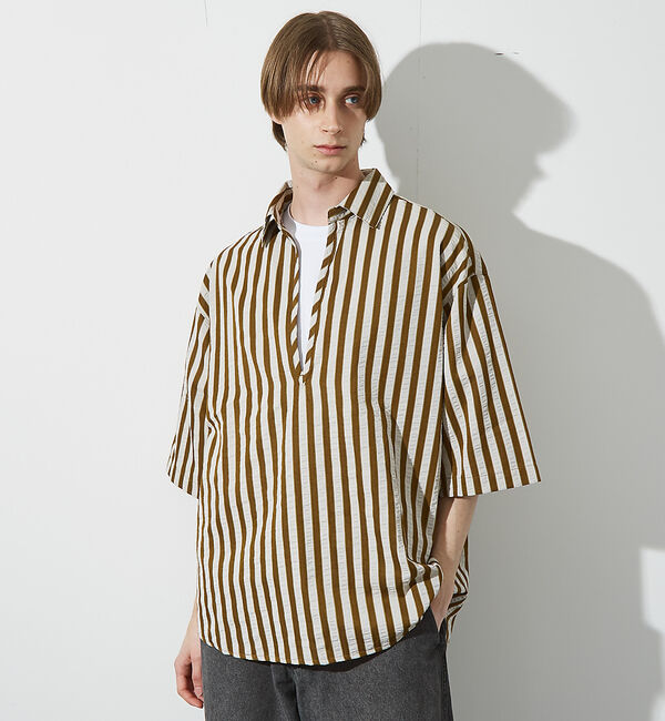 ABAHOUSE「サッカーストライプ スキッパーシャツ / オーバーサイズ / 半袖シャツ」|シャツ・ブラウス|マスタード