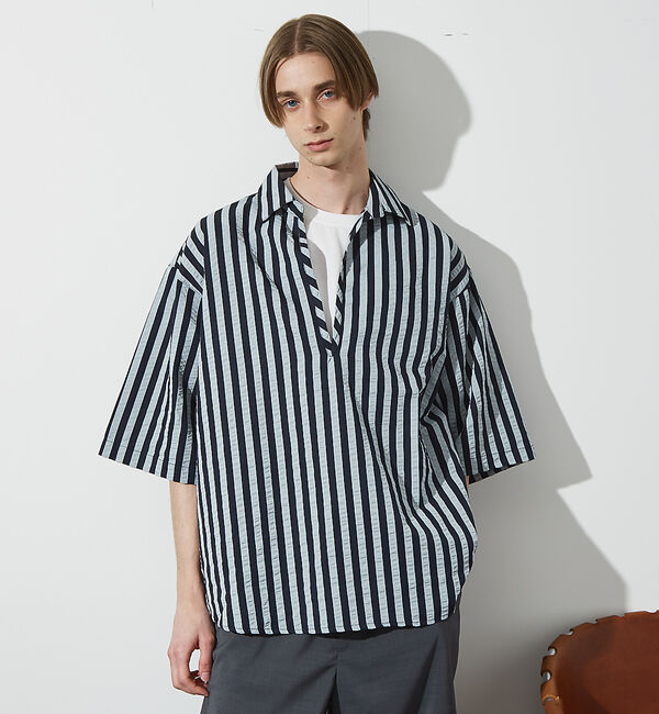 ABAHOUSE「サッカーストライプ スキッパーシャツ / オーバーサイズ / 半袖シャツ」|シャツ・ブラウス|