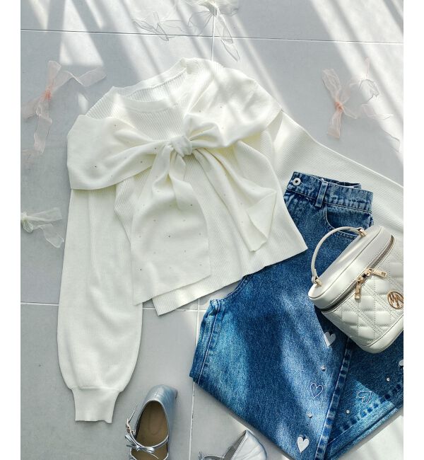 MAJESTICLEGON「リボンビジューニット」|ニット・セーター|アイボリー