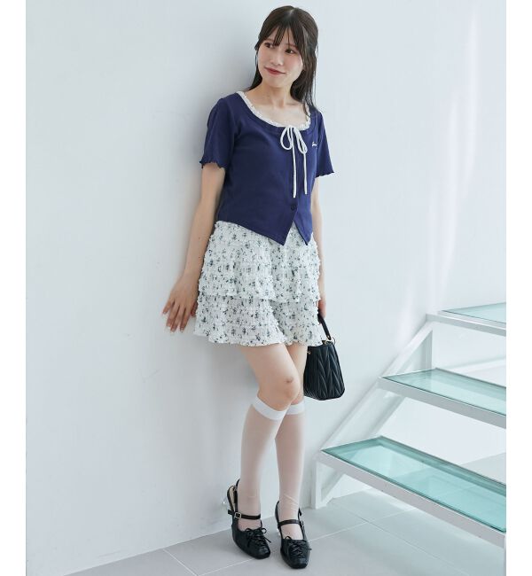  「フロントリボンレイヤード風トップス」|Tシャツ・カットソー|