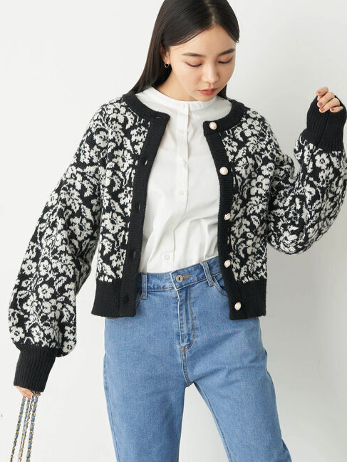 earth music&ecology「フラワージャガードニットカーディガン」|カーディガン|ブラック