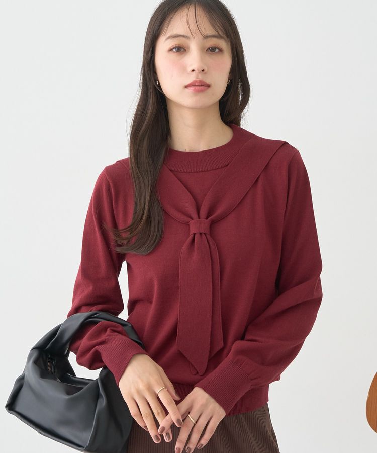 earth music&ecology「ボウタイニットプルオーバー」|ニット・セーター|Red