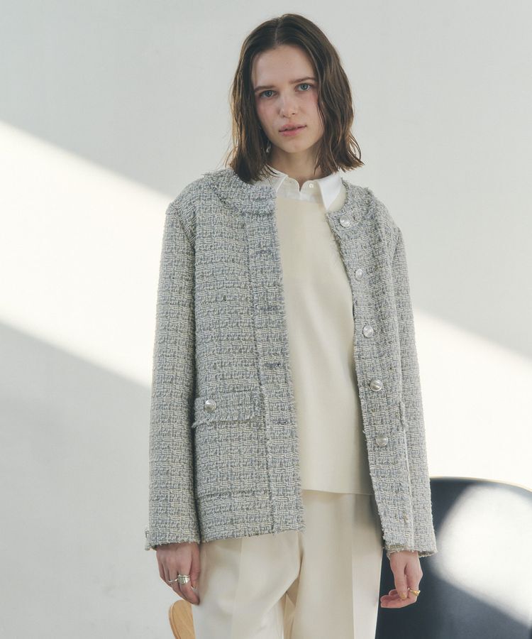 YECCA VECCA「ノーカラーツイードジャケット」|テーラードジャケット|