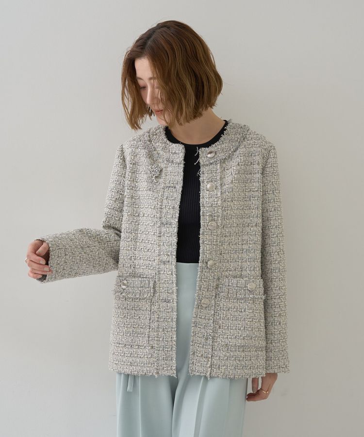 YECCA VECCA「ノーカラーツイードジャケット」|テーラードジャケット|