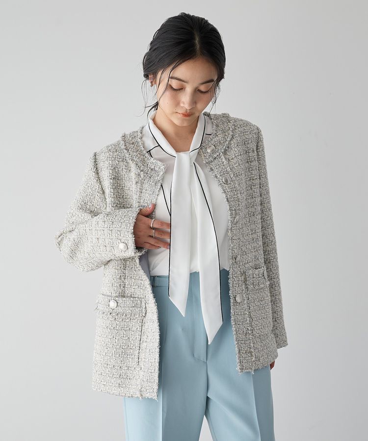 YECCA VECCA「ノーカラーツイードジャケット」|テーラードジャケット|