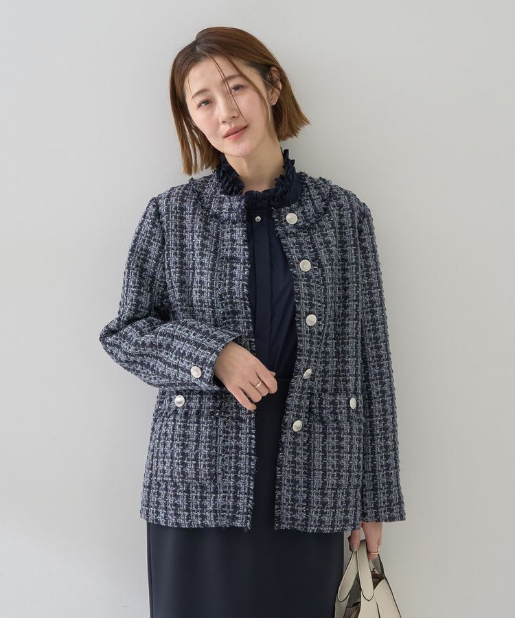 YECCA VECCA「ノーカラーツイードジャケット」|テーラードジャケット|Blue