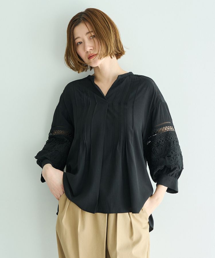 YECCA VECCA「レース切替スキッパーブラウス」|シャツ・ブラウス|Black