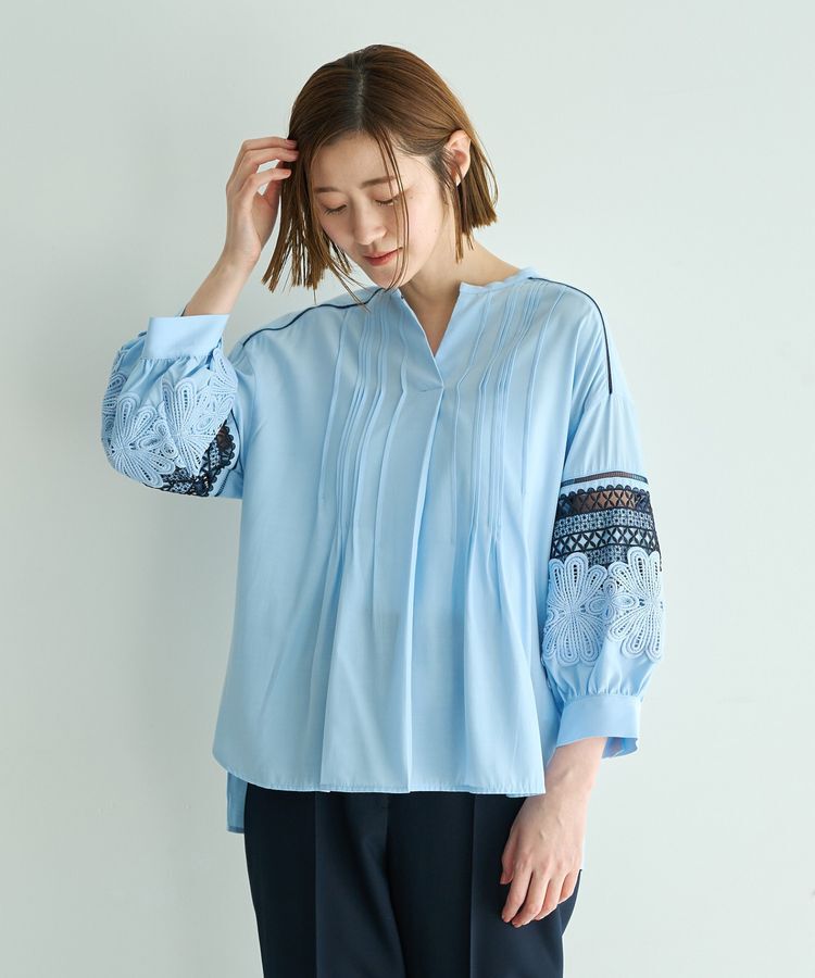 YECCA VECCA「レース切替スキッパーブラウス」|シャツ・ブラウス|Blue