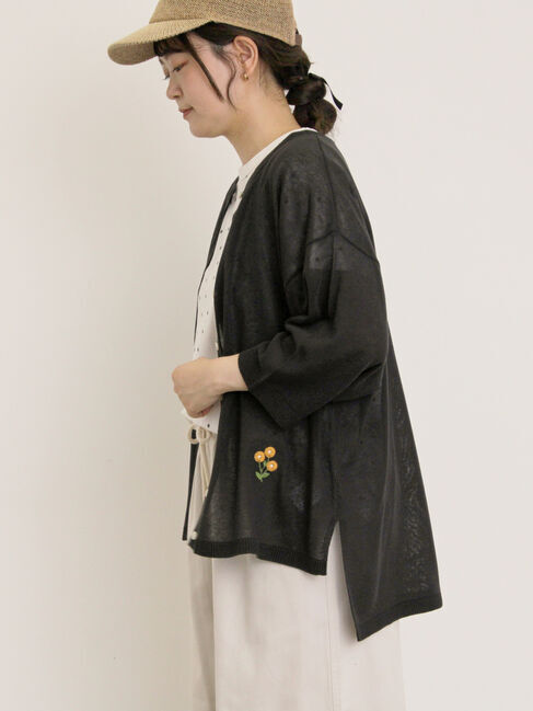 Samansa Mos2「[接触冷感]花刺繍七分袖クルーネックカーディガン」|カーディガン|ブラック