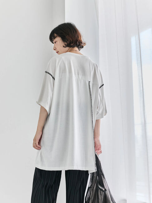 Samansa Mos2 blue「◎【接触冷感】切替ステッチチュニック」|Tシャツ・カットソー|