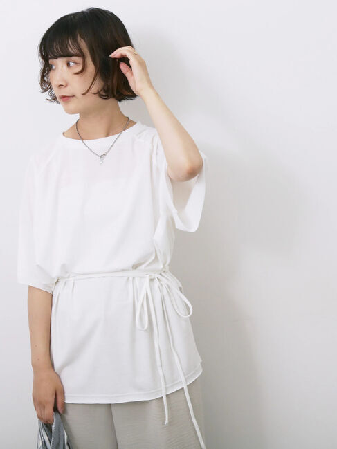 Samansa Mos2 blue「◎【接触冷感】ウエストリボンTシャツ」|Tシャツ・カットソー|オフホワイト