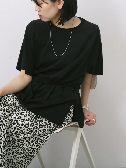 Samansa Mos2 blue「◎【接触冷感】ウエストリボンTシャツ」|Tシャツ・カットソー|ブラック