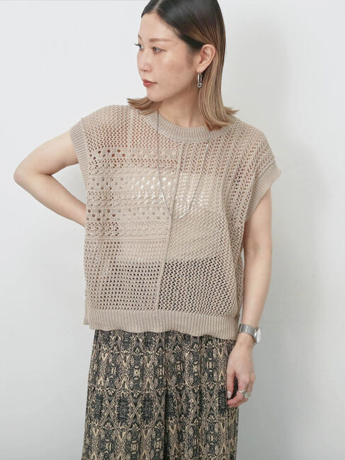 Samansa Mos2 blue「麻タッチパッチワークニットベスト」|ニット・セーター|