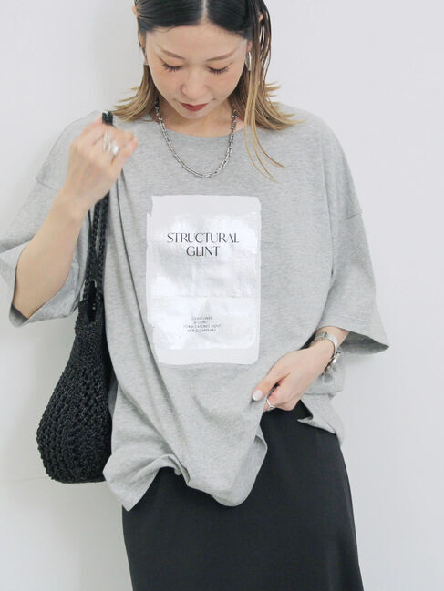 Samansa Mos2 blue「◎箔プリントTシャツ」|Tシャツ・カットソー|グレー