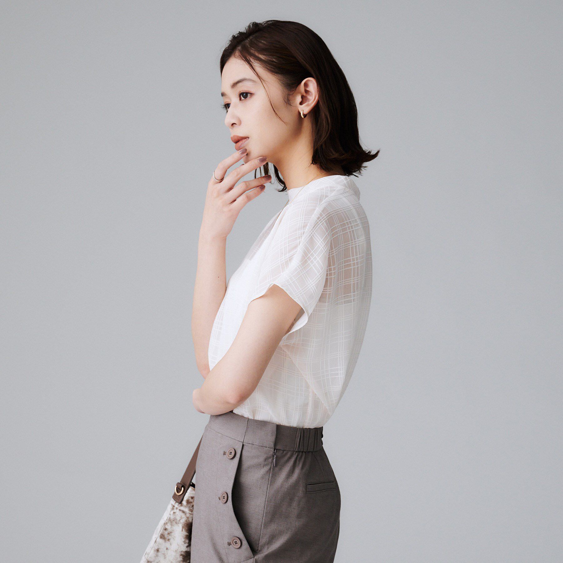 UNTITLED「【シアー】チェックスタンドネックブラウス」|シャツ・ブラウス|