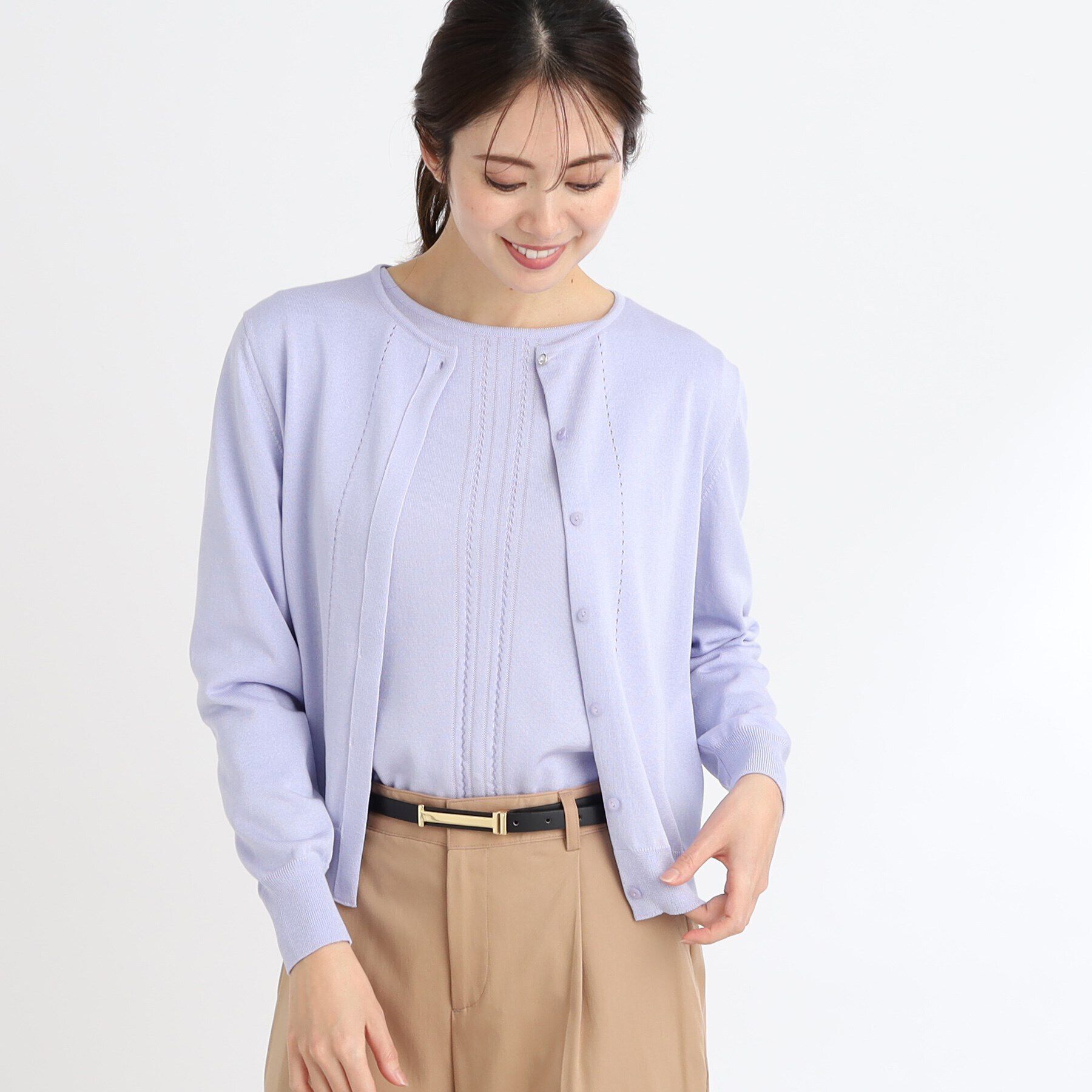 Reflect「【WEB限定カラーあり／アンサンブル可】比翼仕立てニットカーディガン」|カーディガン|ラベンダー(080)