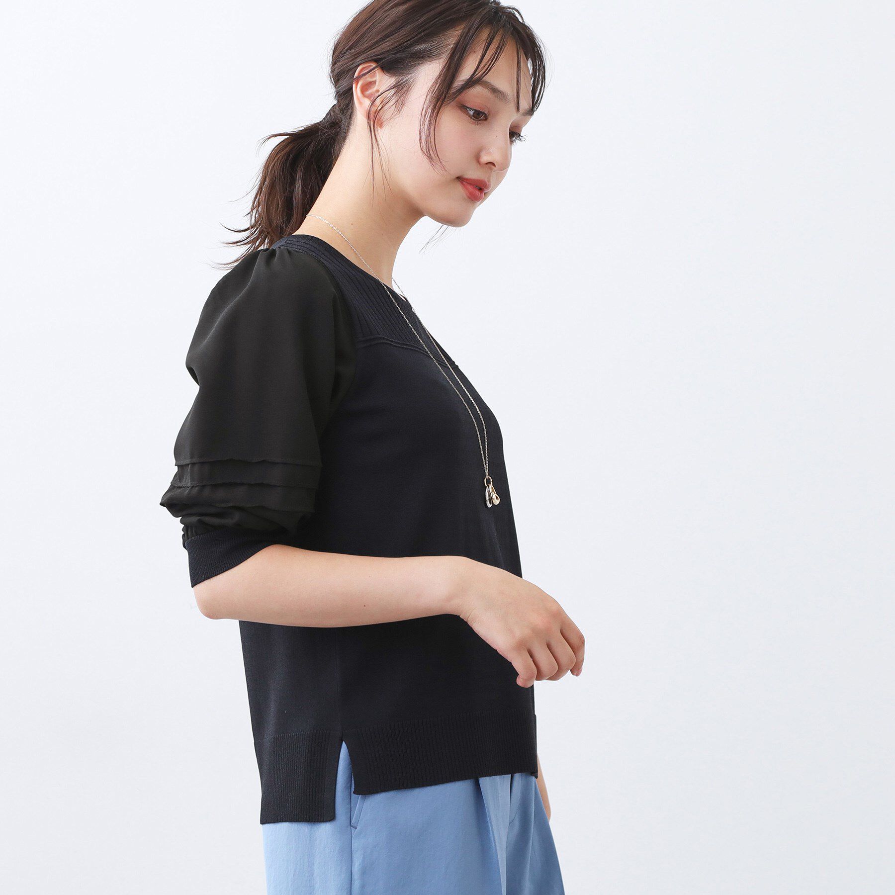 Reflect「【WEB先行カラーあり／手洗い可】ジョーゼットスリーブ&times;ニット」|Tシャツ・カットソー|