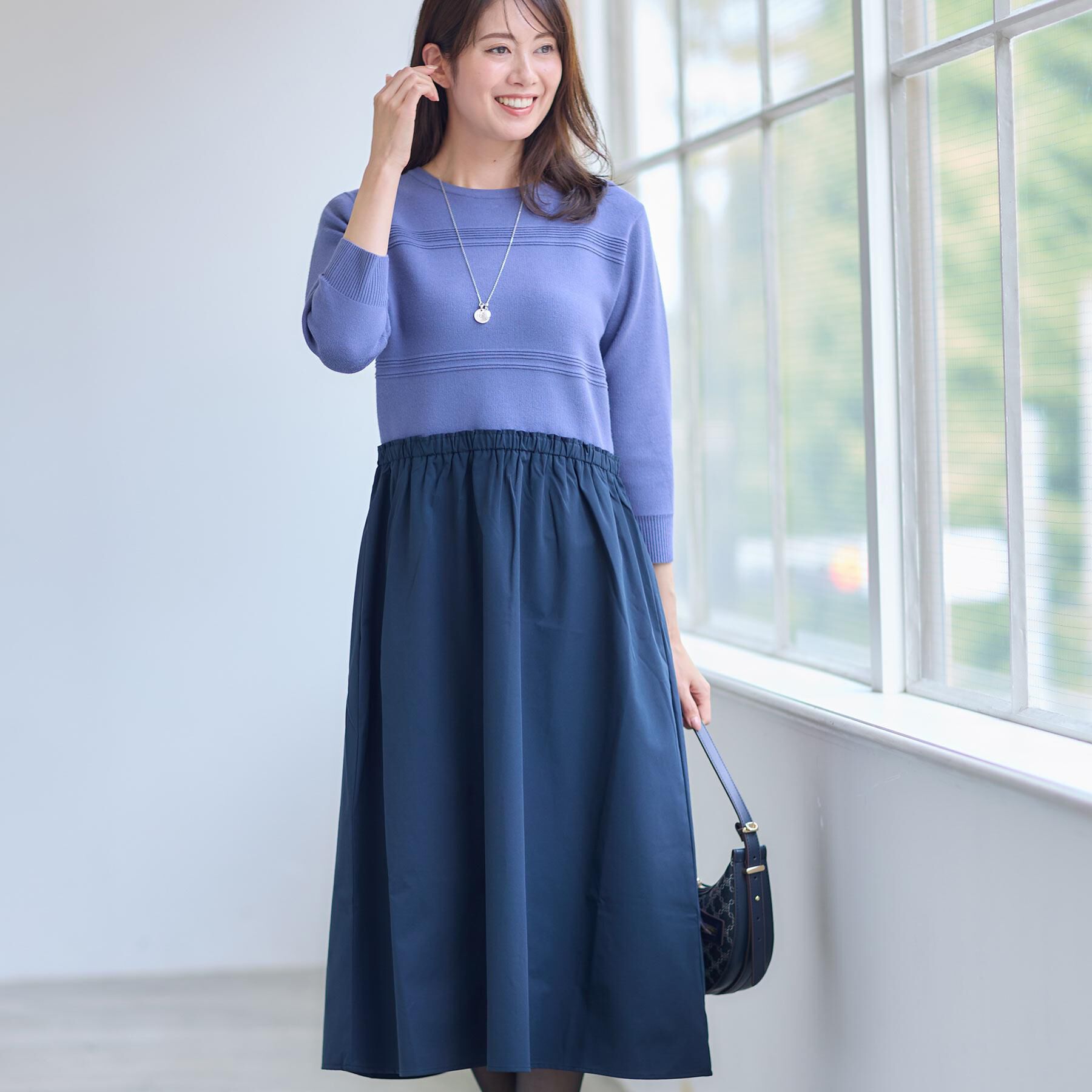 Reflect「【一枚で着映える◎／セットアップ可】ニット&times;タフタドッキングワンピース」|ワンピース|ブルー(093)