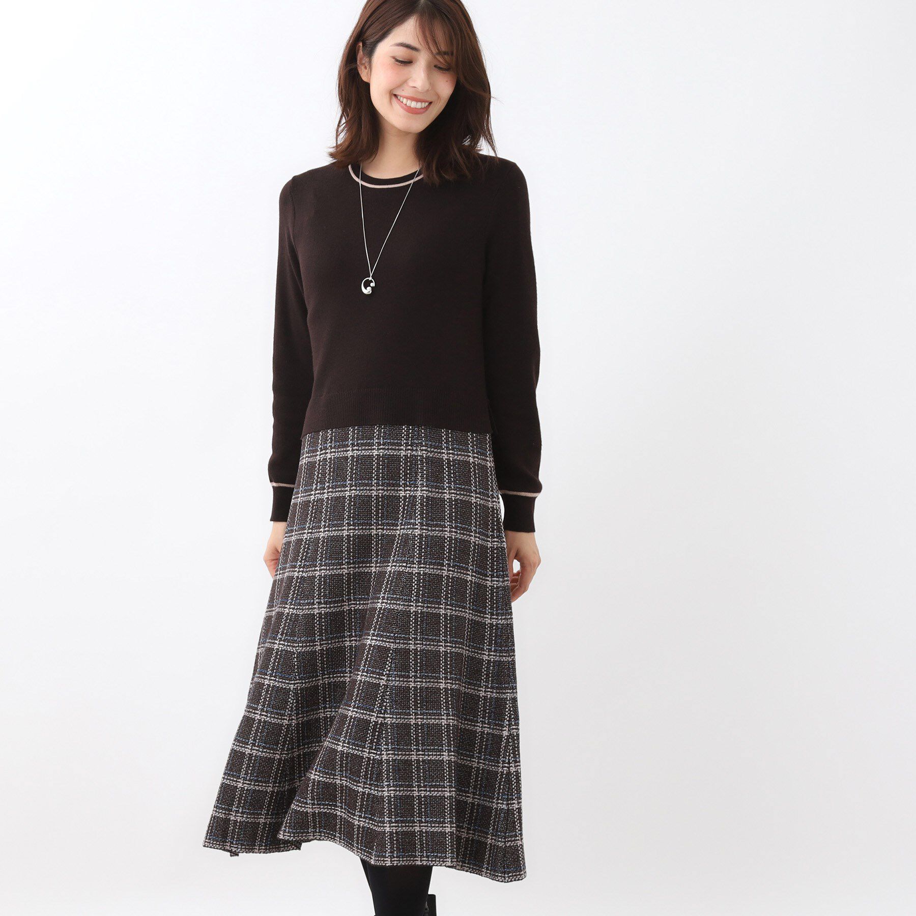 Reflect「【コートインでもすっきり◎】チェック柄ニットドッキングワンピース」|ワンピース|