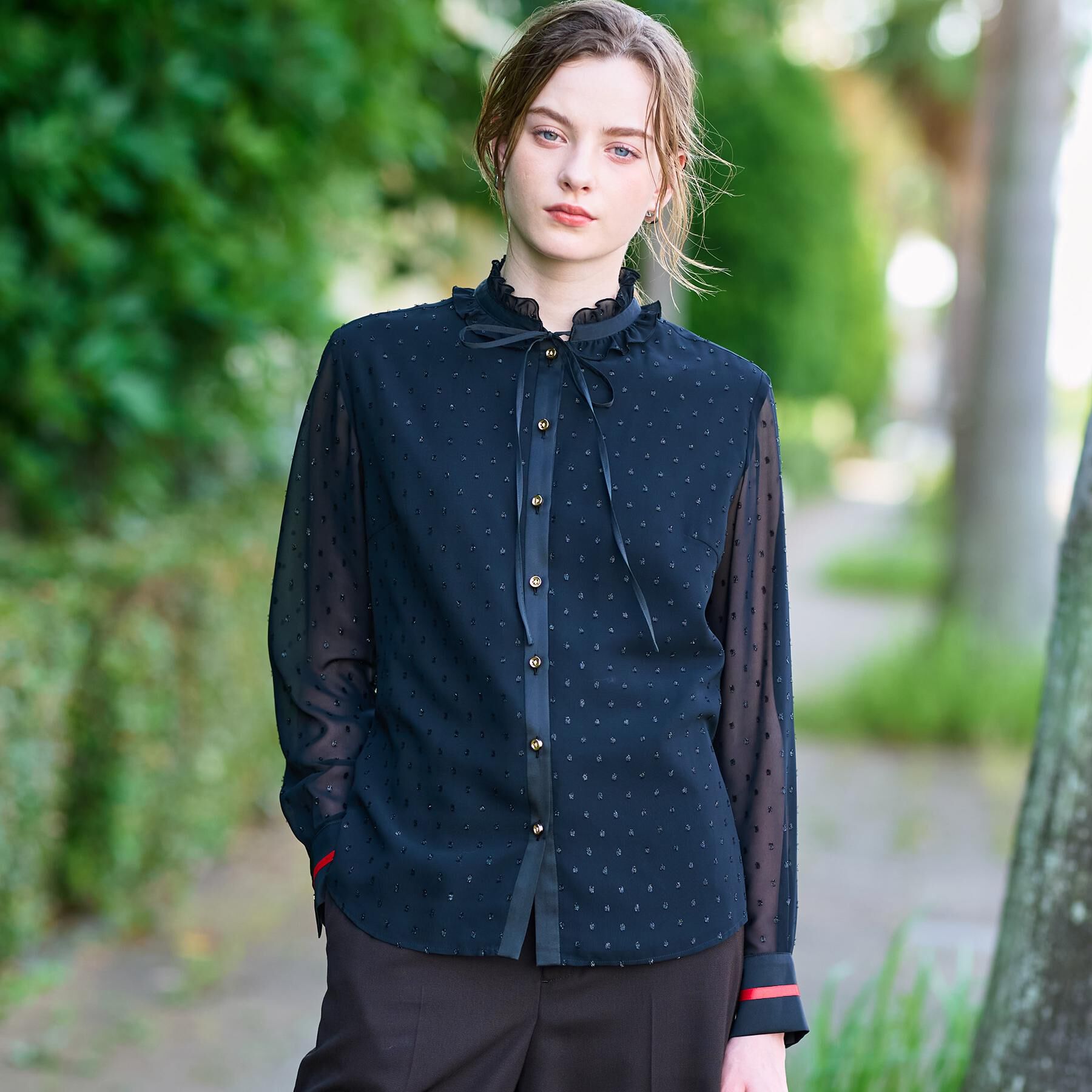 DRESSTERIOR「【ウォッシャブル/シアー素材】フィルムドットブラウス」|シャツ・ブラウス|ブラック(019)