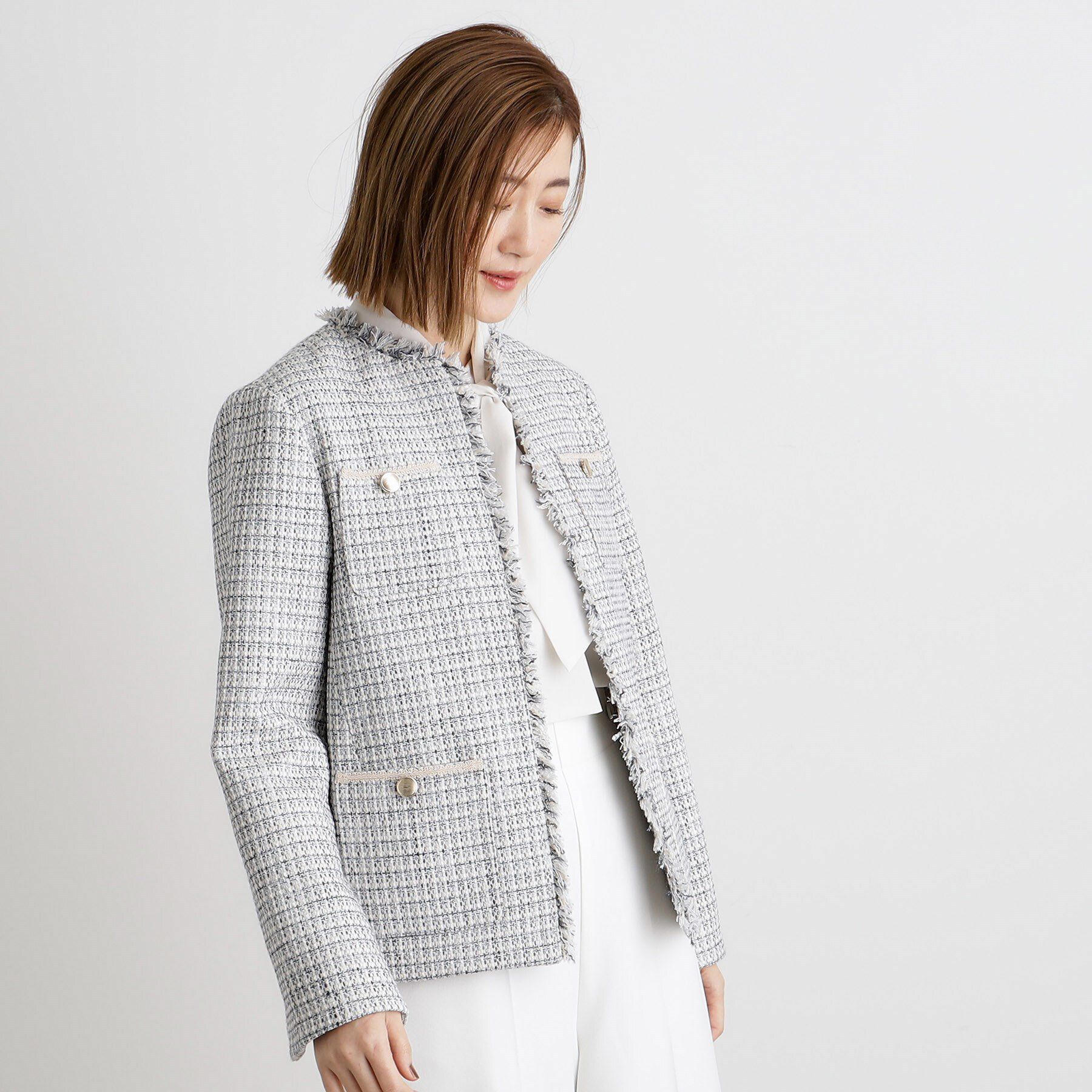 grove「フリンジツイードジャケット」|ノーカラージャケット|