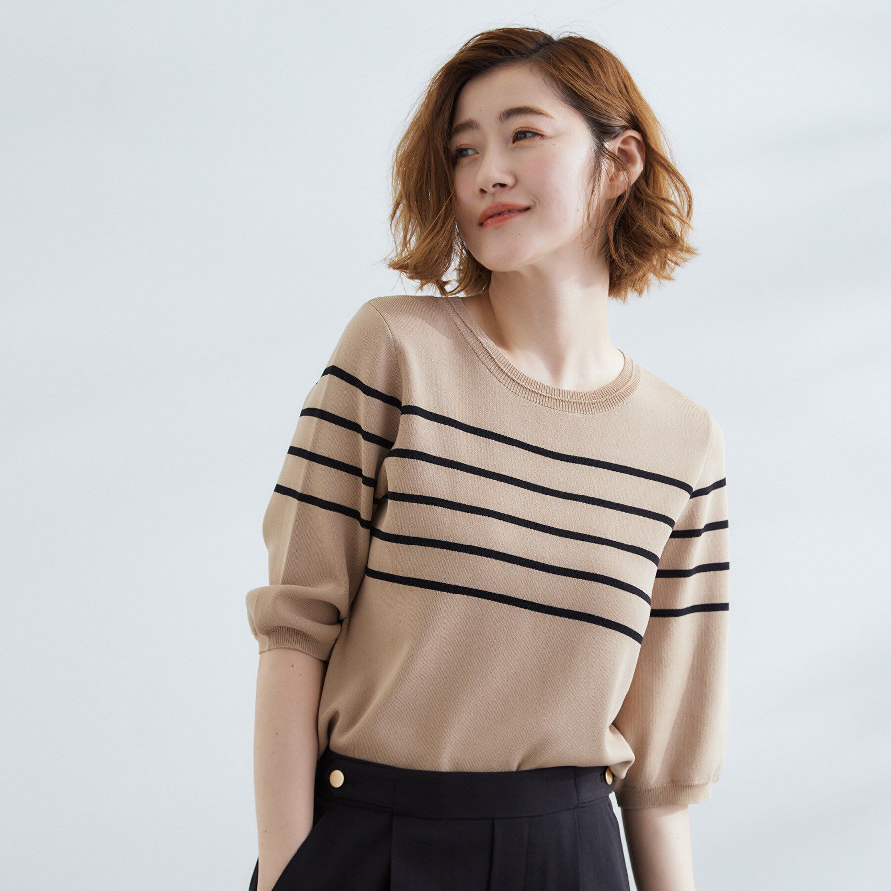 grove「ひんやり多機能・やわらかドライタッチ五分袖プルオーバー」|ニット・セーター|ベージュ(352)