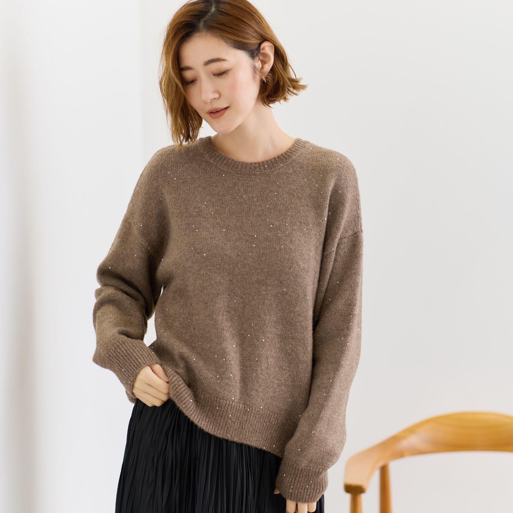 grove「華やぎ冬ニット　ミニスパンコールフェザーニット」|ニット・セーター|ブラウン(043)