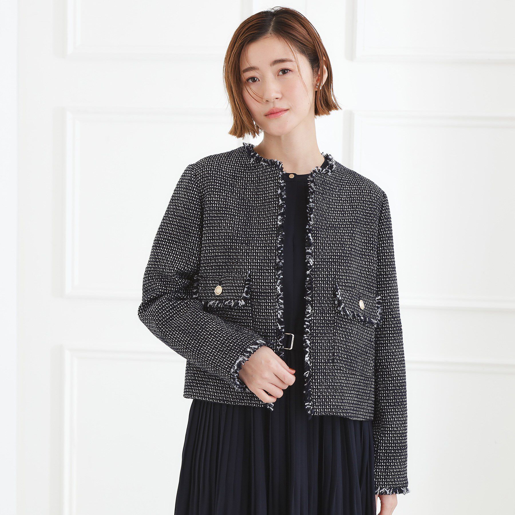 grove「【ハレの日・通勤】着回しできる上品ツイードジャケット」|ノーカラージャケット|ネイビー(494)