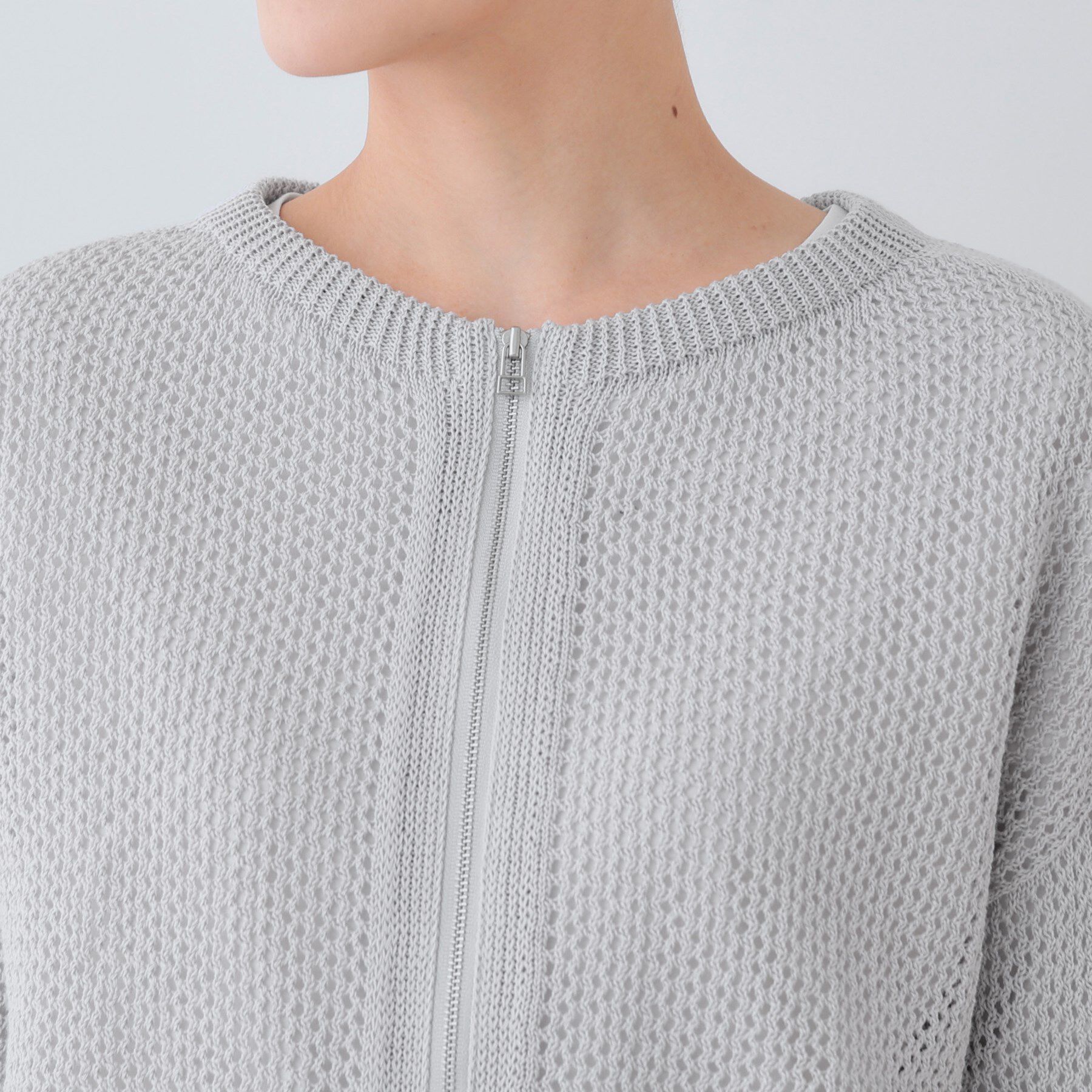 INDIVI「【洗える／コットン100％】メッシュ柄ニットブルゾン」|カーディガン|