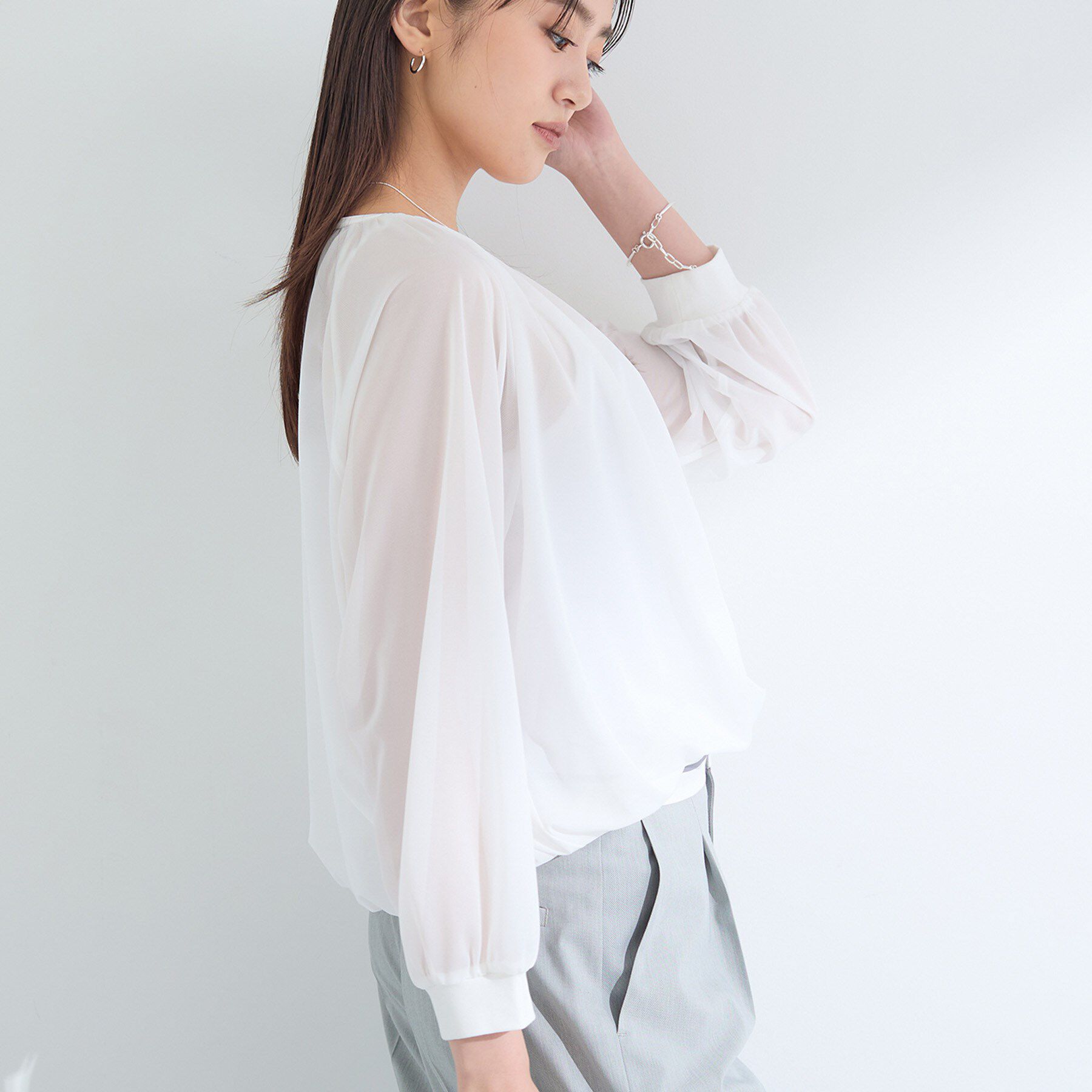 INDIVI「【体型カバー／マシンウォッシュ対応】シアージャージトップス」|Tシャツ・カットソー|