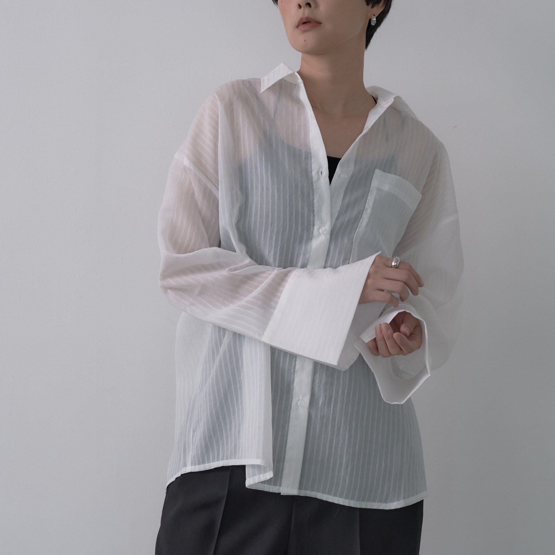 GALLEST「ワイドカフスシアーストライプシャツ/秋服/シアーシャツ」|シャツ・ブラウス|ホワイト(001)