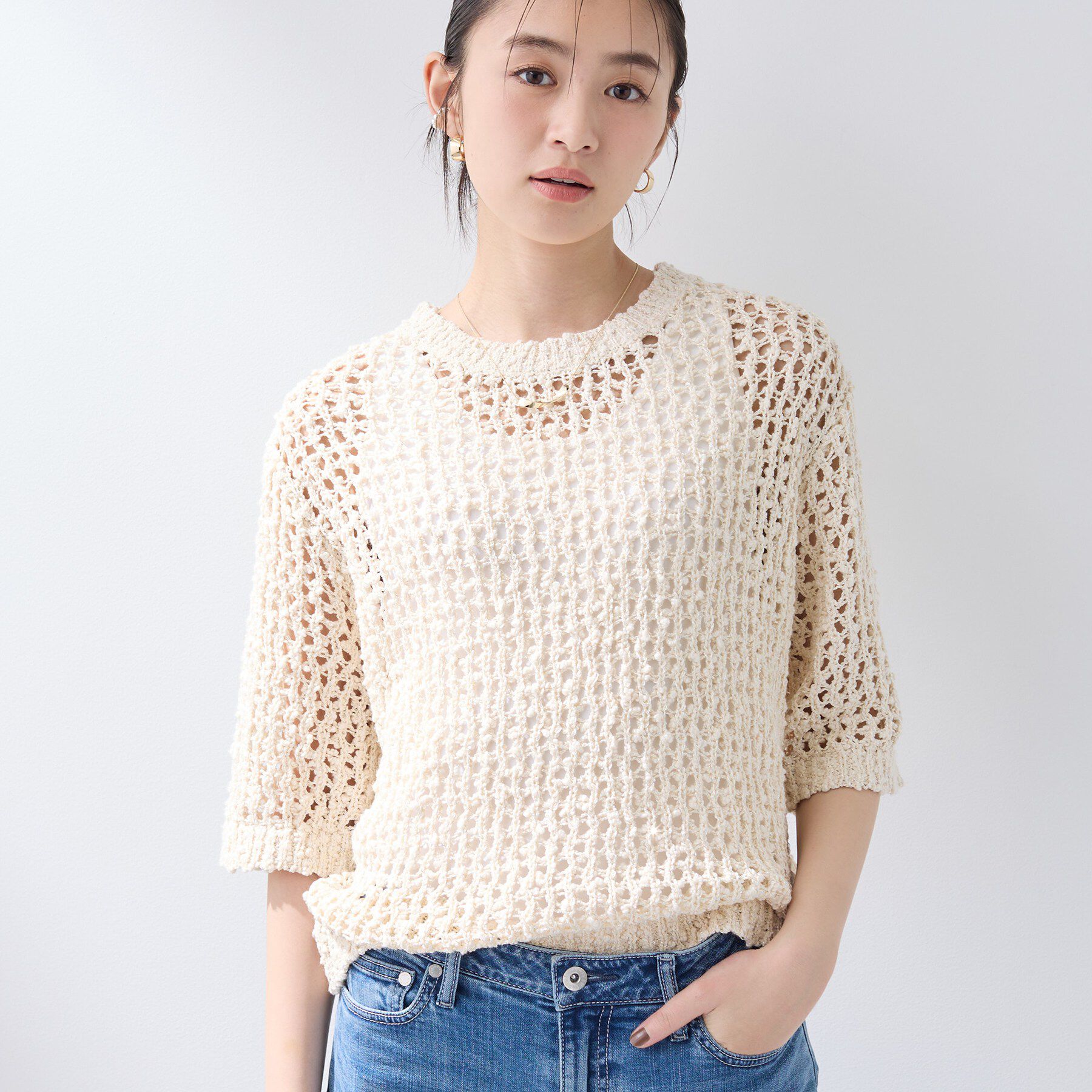 INDIVI「【洗える／ラメ混／5分袖】イタリア糸ファンシーヤーンニット」|ニット・セーター|