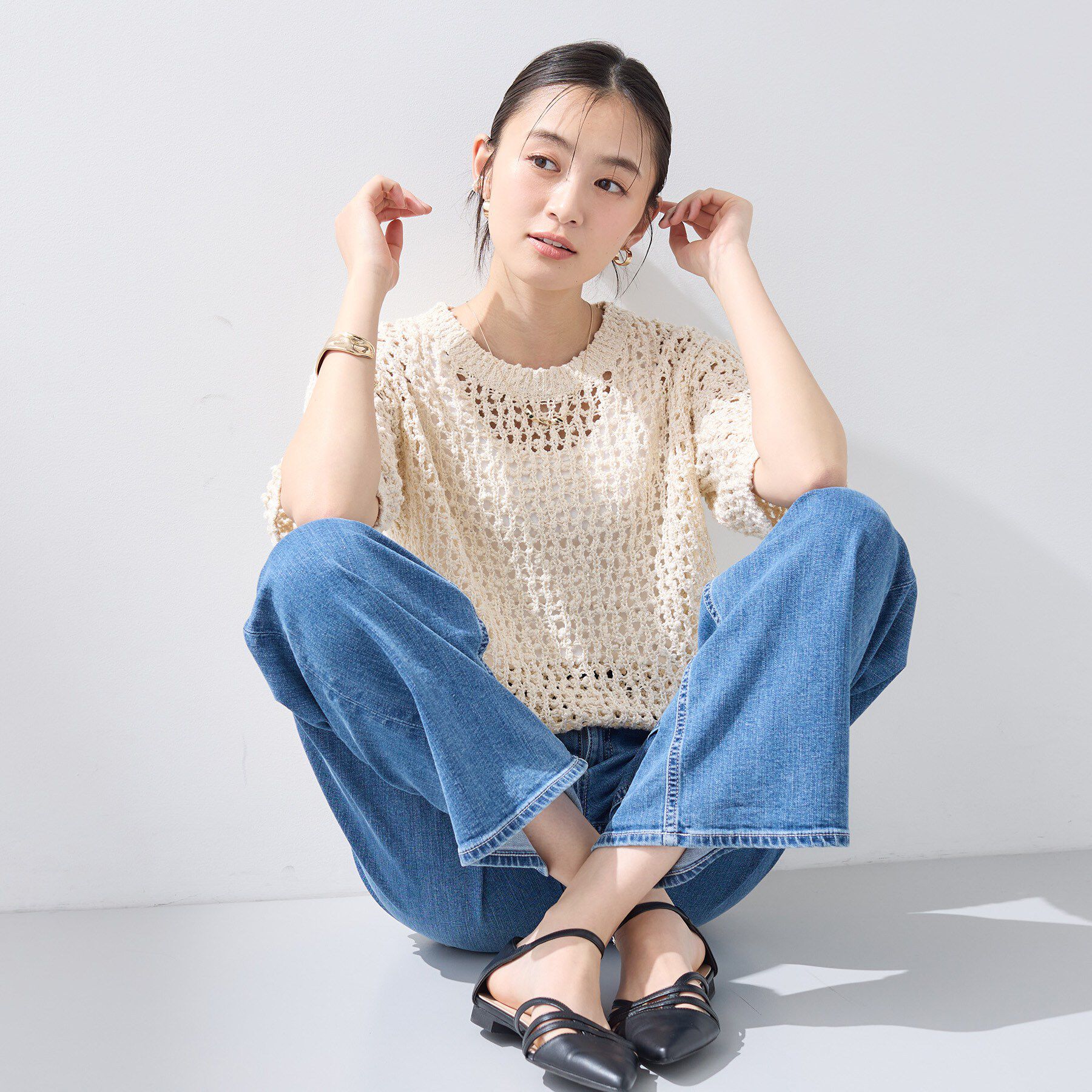 INDIVI「【洗える／ラメ混／5分袖】イタリア糸ファンシーヤーンニット」|ニット・セーター|