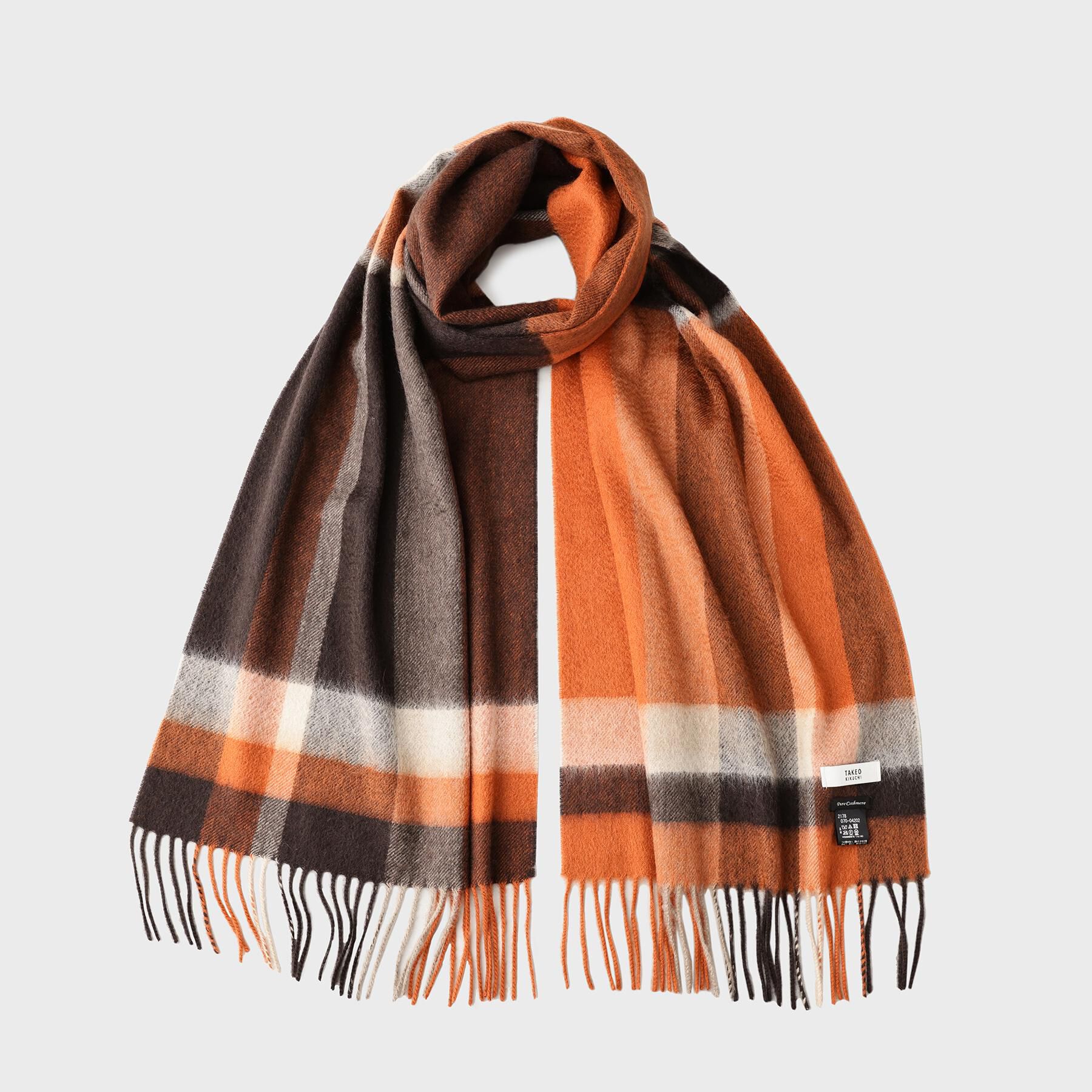 TAKEO KIKUCHI「【洗えるカシミヤ】 ピュアカシミヤ パネルチェックマフラー」|ストール|オレンジ(267)