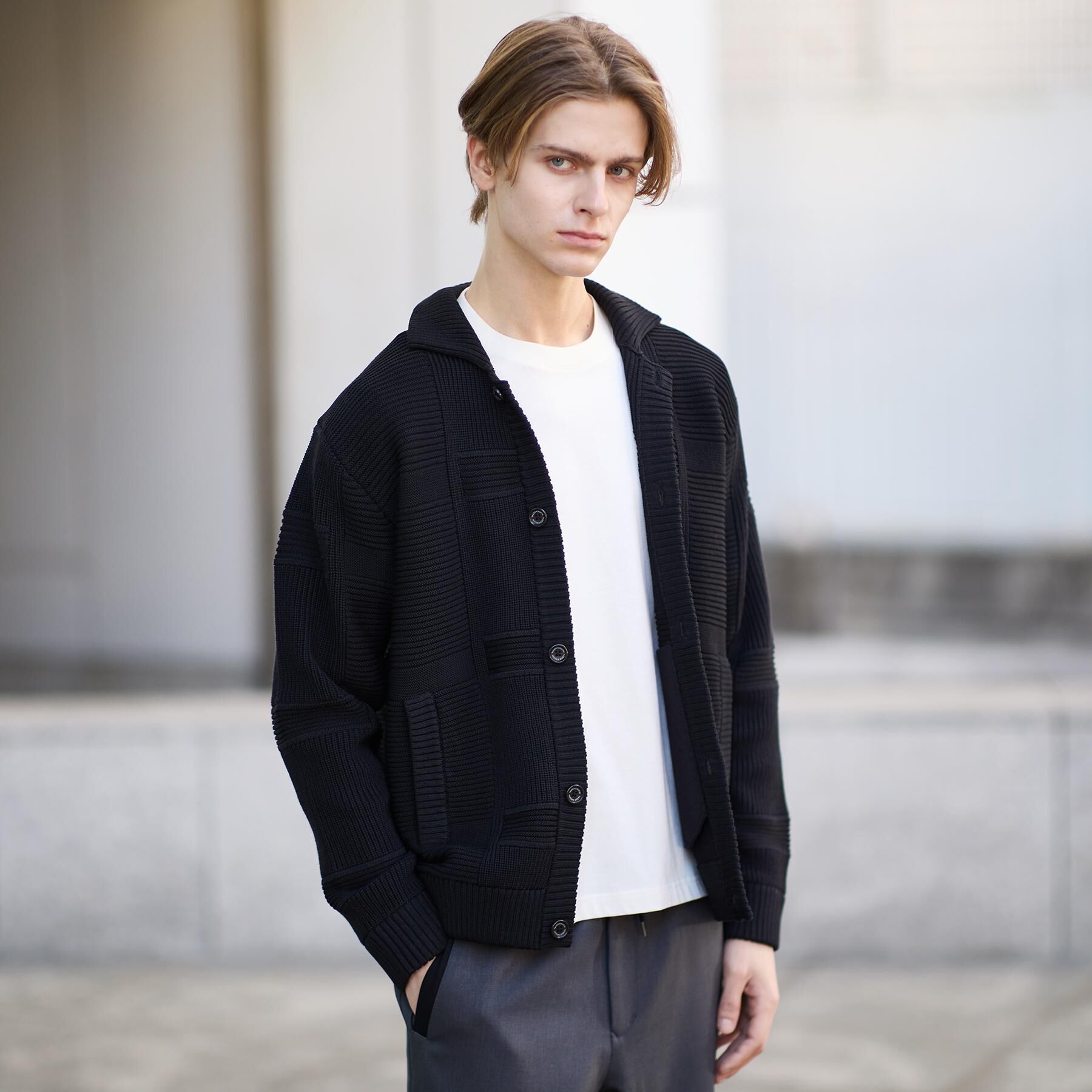 TAKEO KIKUCHI「畦編みチェック ニットカーディガン」|カーディガン|ブラック(019)