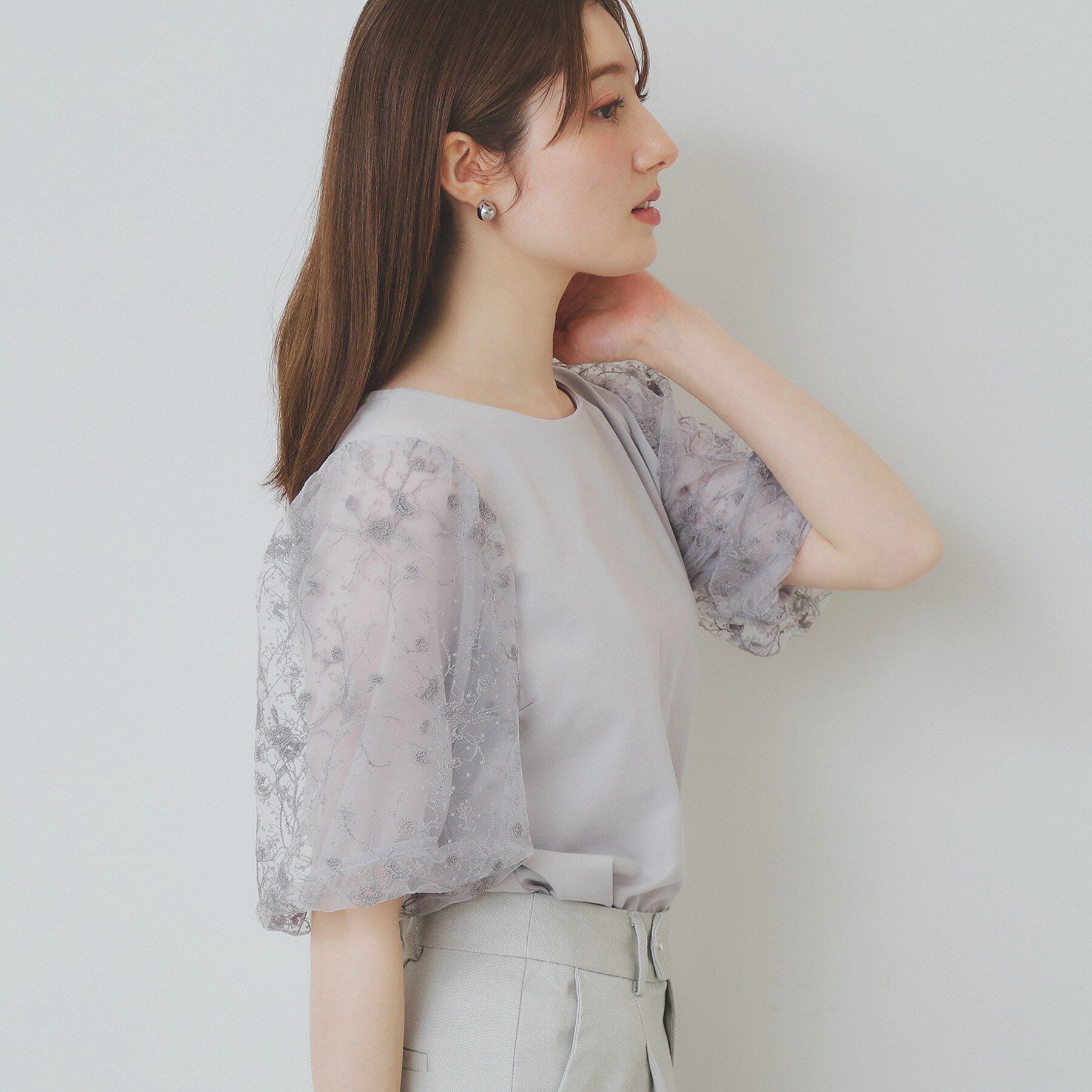 index「シアーバルーンスリーブトップス【洗濯機洗い可/接触冷感】」|Tシャツ・カットソー|ライトグレー(011