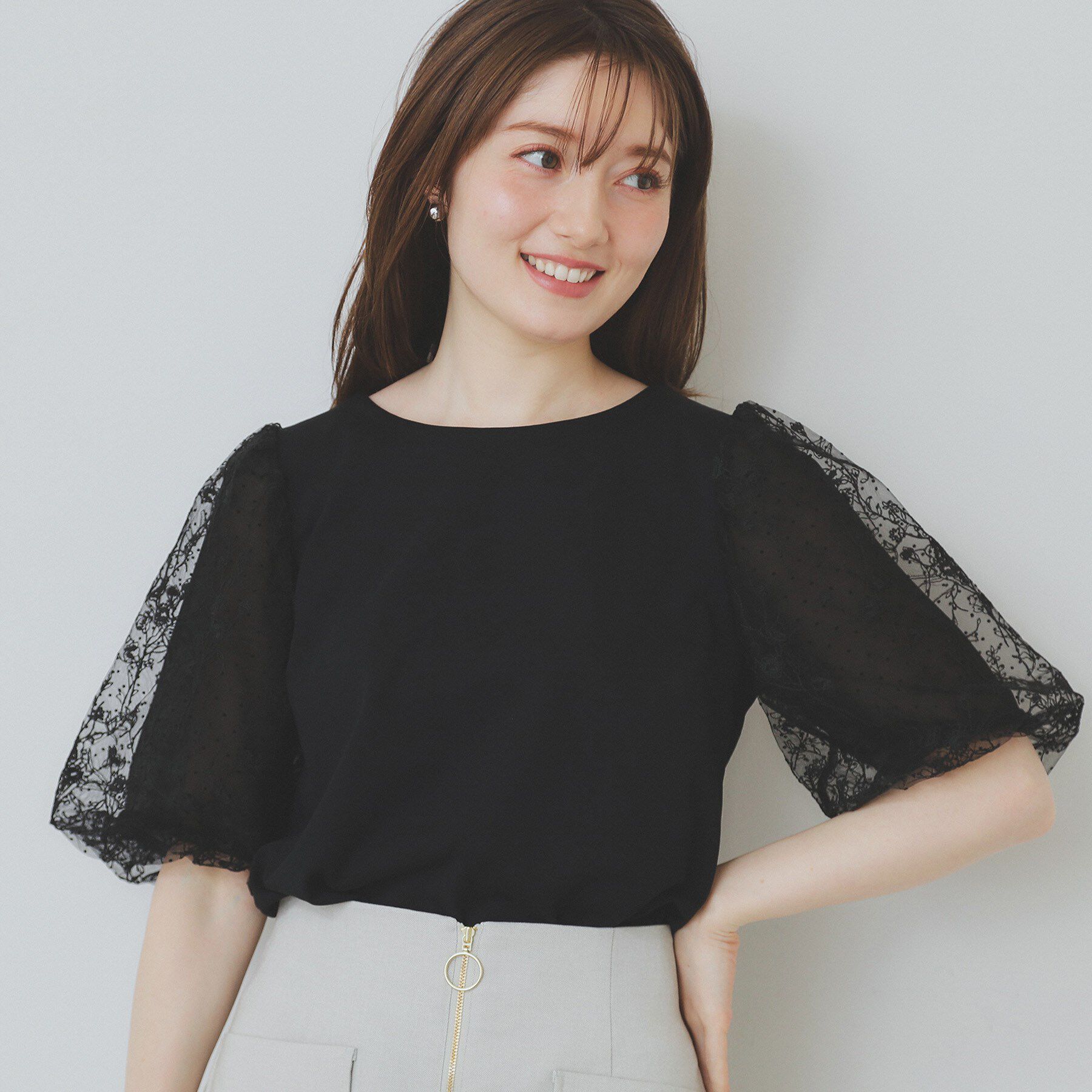 index「シアーバルーンスリーブトップス【洗濯機洗い可/接触冷感】」|Tシャツ・カットソー|ブラック(019)